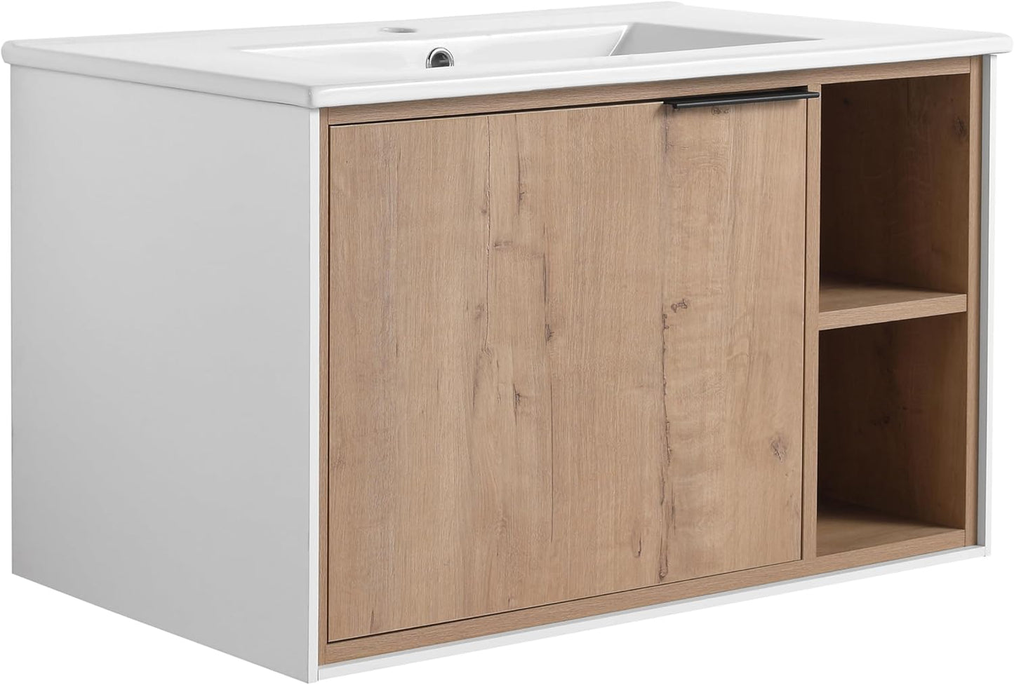 SSLine Modern 24-Inch Bathroom Vanity with Sink Wall Mounted Bathroom Vanity with Top Basin & Storage Cabinet White Wood Floating Vanity w/Ceramic Sink & Gold/Black Handles for Small Space