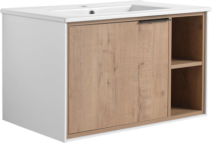 SSLine Modern 24-Inch Bathroom Vanity with Sink Wall Mounted Bathroom Vanity with Top Basin & Storage Cabinet White Wood Floating Vanity w/Ceramic Sink & Gold/Black Handles for Small Space