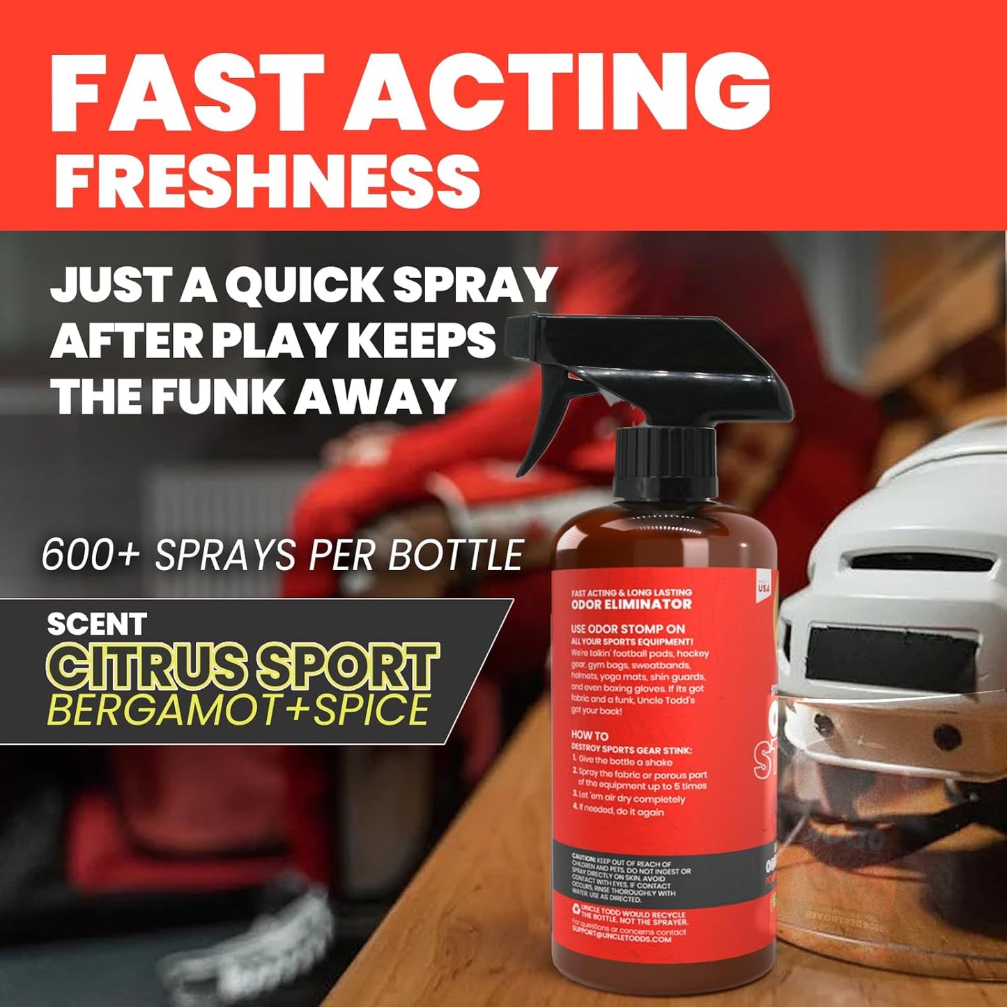 Uncle Todd’s Odor Stomp Sports Equipment Odor Eliminator Spray - Extra Strength Enzyme-Powered Deodorizer for Football, Hockey, Gym Bags, and Athletic Gear - Bamboo Blitz Scent - 16 oz