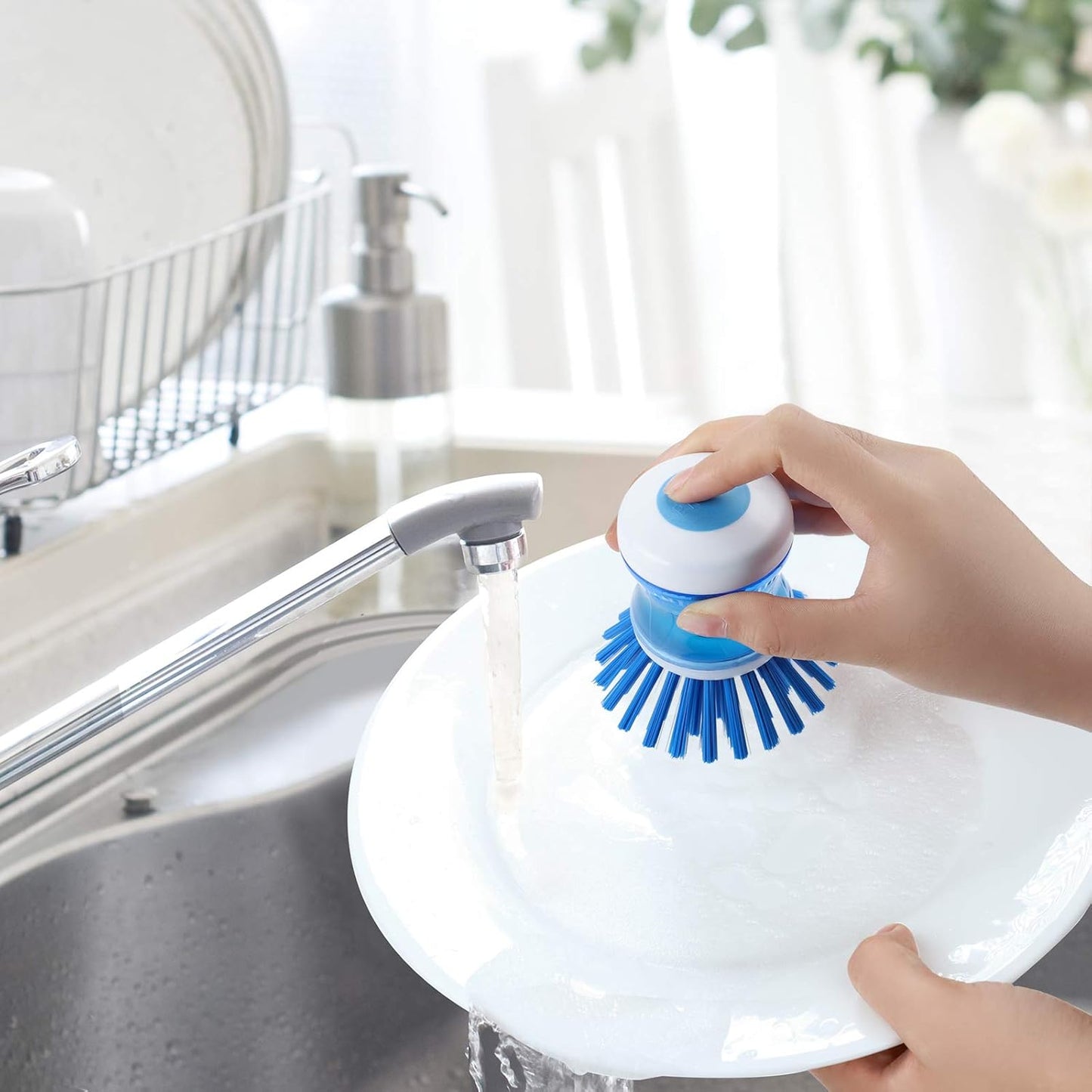 Dish Brush with Soap Dispenser for Dishes Pot Pan Kitchen Sink Scrubbing, Blue 2 Pack