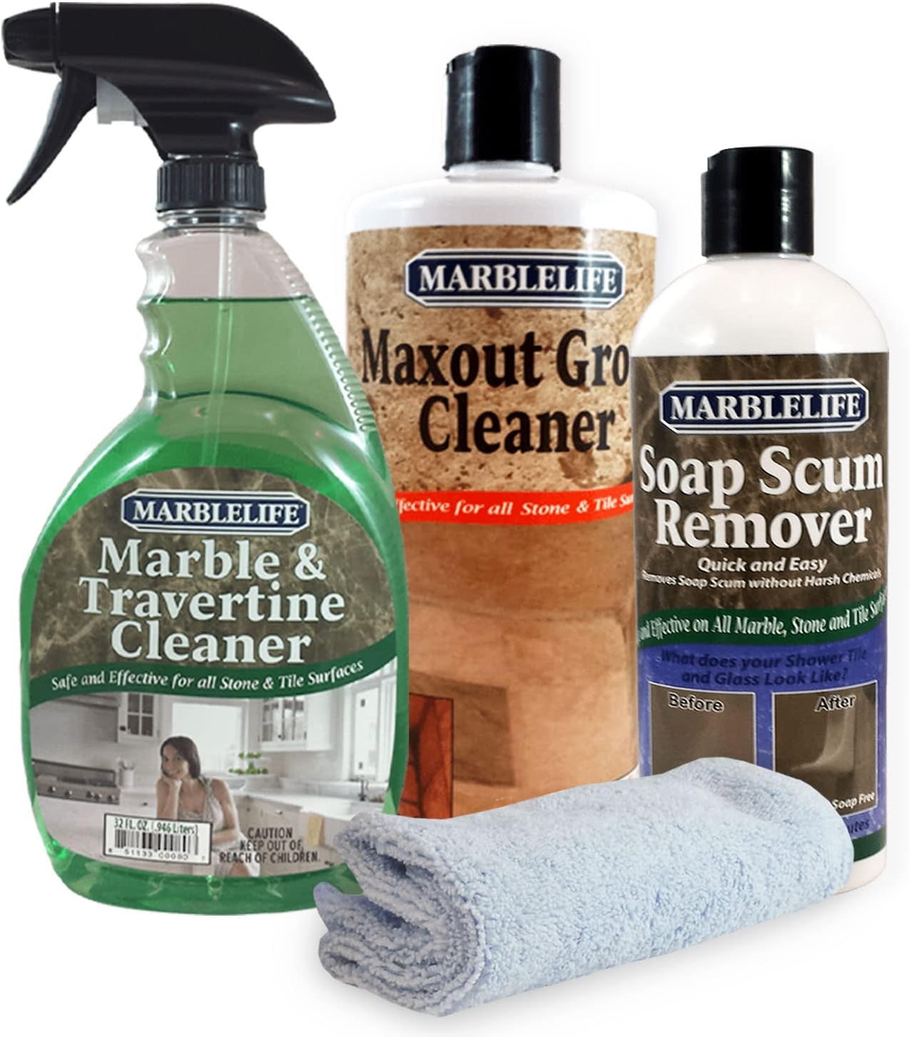 Marblelife Bathroom Combo Kit, With Marble & Travertine Cleaner, MaxOut Deep Grout Cleaner for Tile Floors, Soap Scum Remover For Shower & Other Surfaces, Includes A Cleaning Cloth