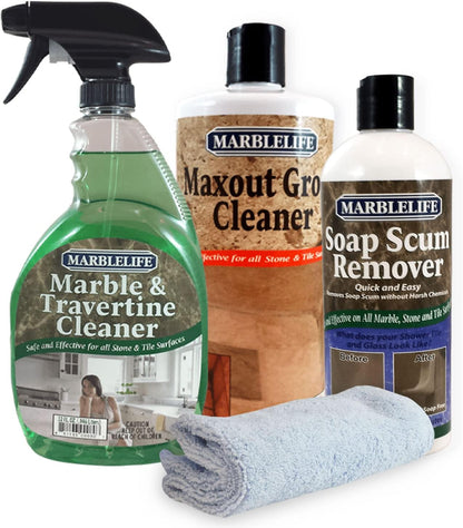 Marblelife Bathroom Combo Kit, With Marble & Travertine Cleaner, MaxOut Deep Grout Cleaner for Tile Floors, Soap Scum Remover For Shower & Other Surfaces, Includes A Cleaning Cloth