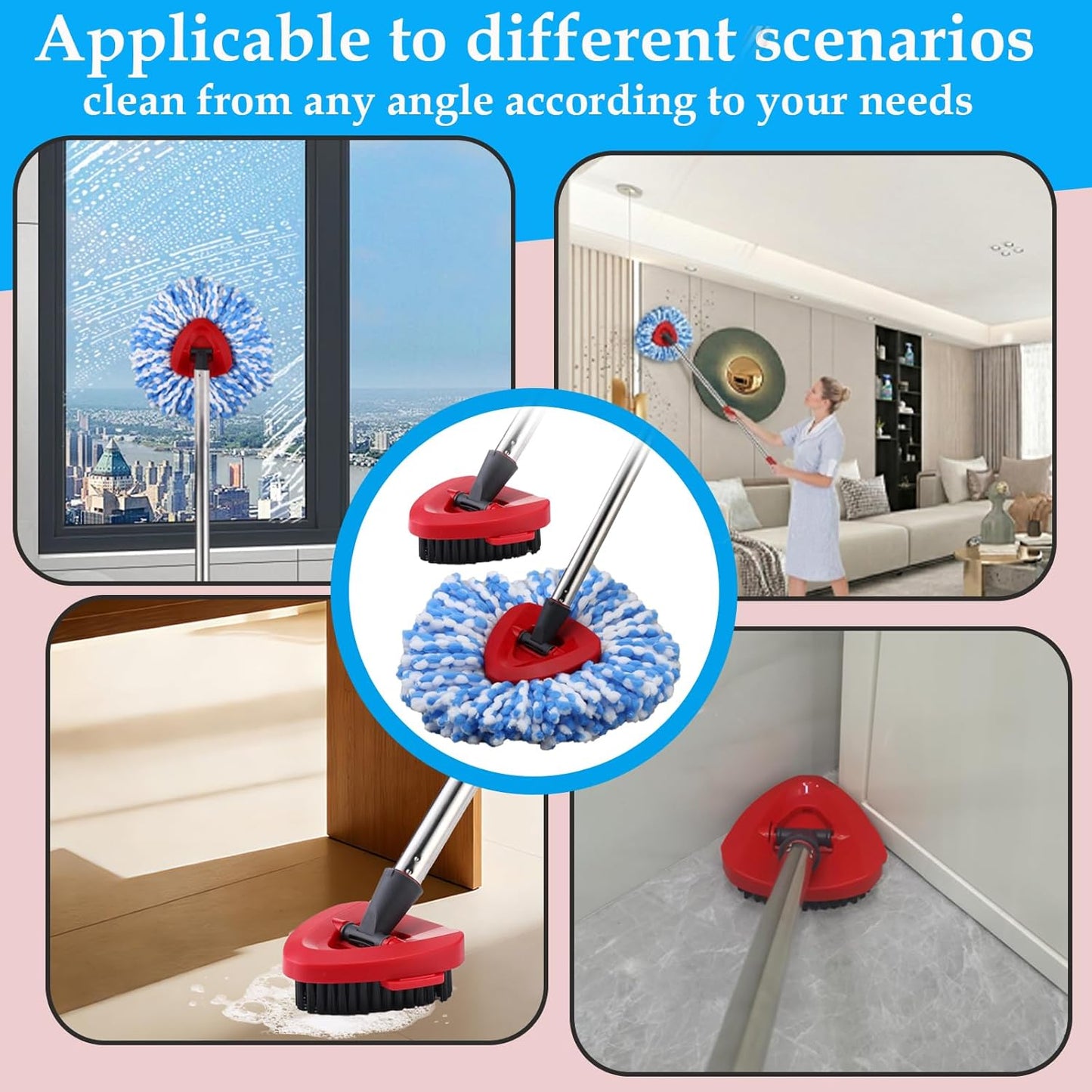 Mop Heads Replacement Handle for Ocedar RinseClean 2-Tank System, 2 Microfiber Mop Refills, 1 Mop Handle (30-58in Adjustable 4-Section Pole), 2 Scrub Brush, 1 Spin Base for O Cedar RinseClean