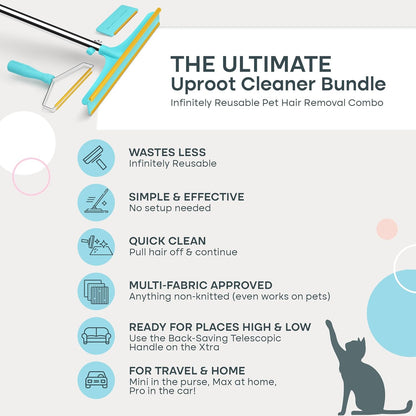Uproot Cleaner Pro Pet Hair Remover Bundle - Including Xtra Carpet Rake for Pet Hair Removal Tool - Scrape Easy the Cat & Dog Fur from Your Carpet, Rugs, Cat Bed, Car Trunk & More
