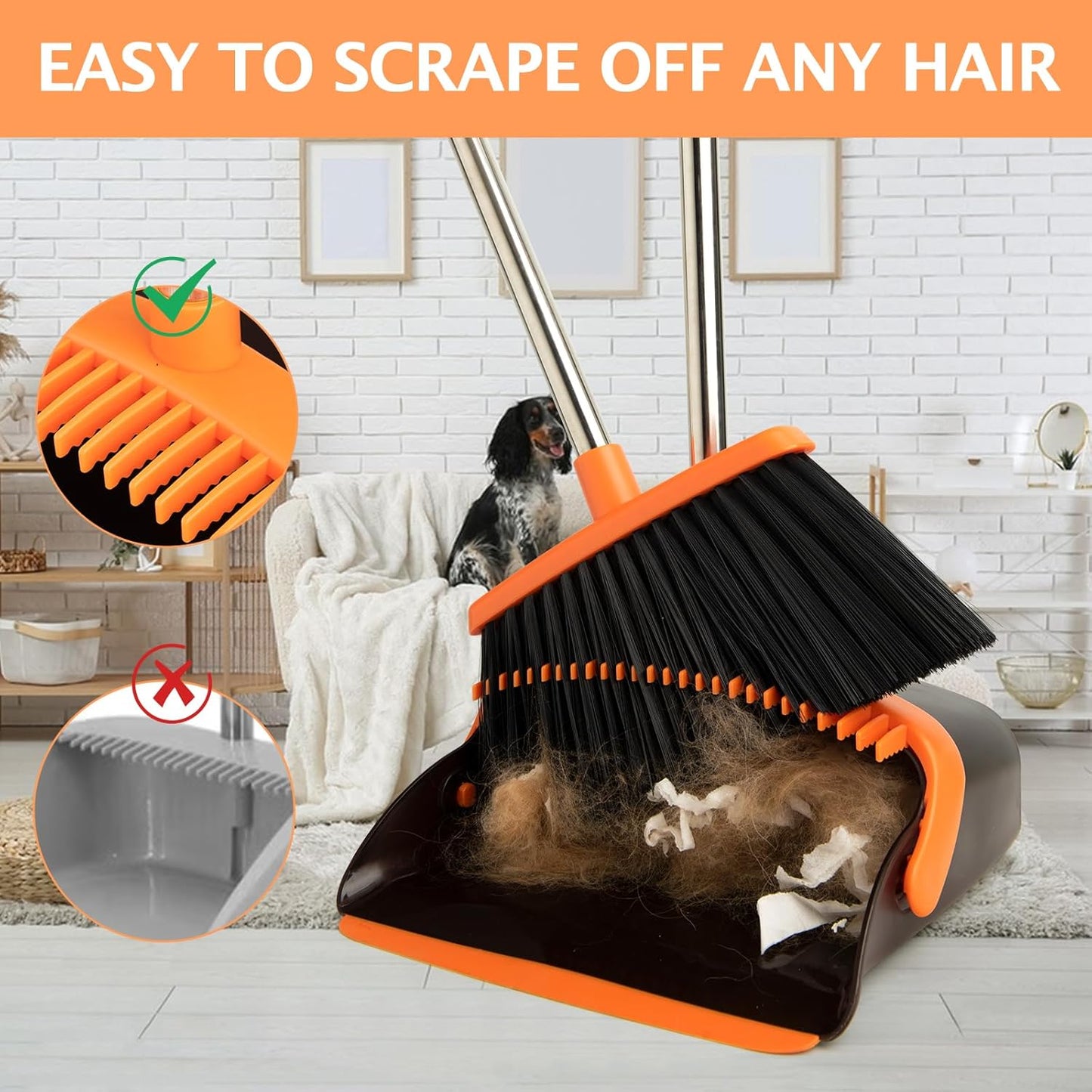 Broom and Dustpan Set, Long Handle Lightweight Dustpans with Broom Combo for Home, Indoor&Outdoor Sweeping for Home Room Kitchen Office Lobby (Charcoal)