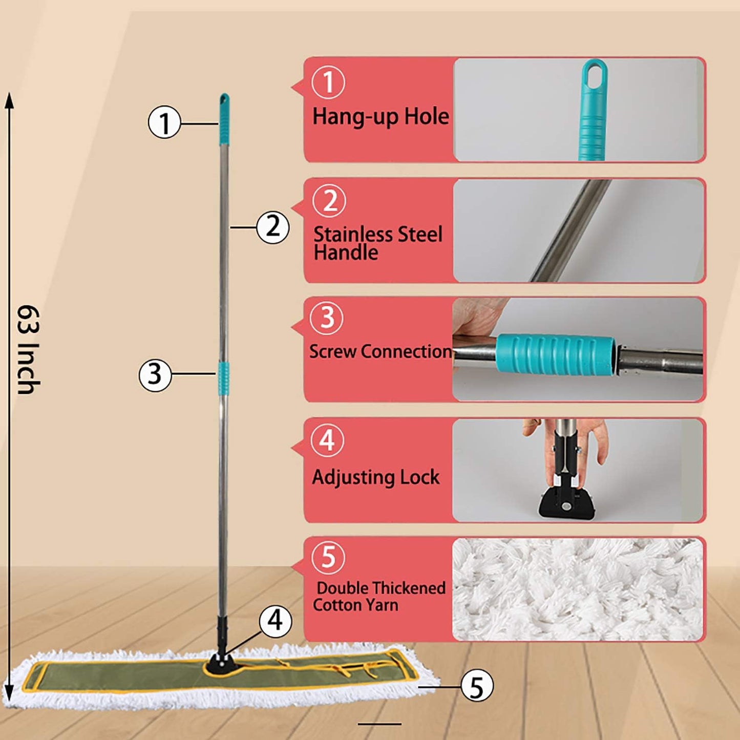 OFO 36inch Industrial Commercial Dust Mop 2 Sets //Heavy Duty Dust Mop // 63inch Length Stainless Steel Handle //Easily Clean Large Area Factory,Shopping Mall,Garage