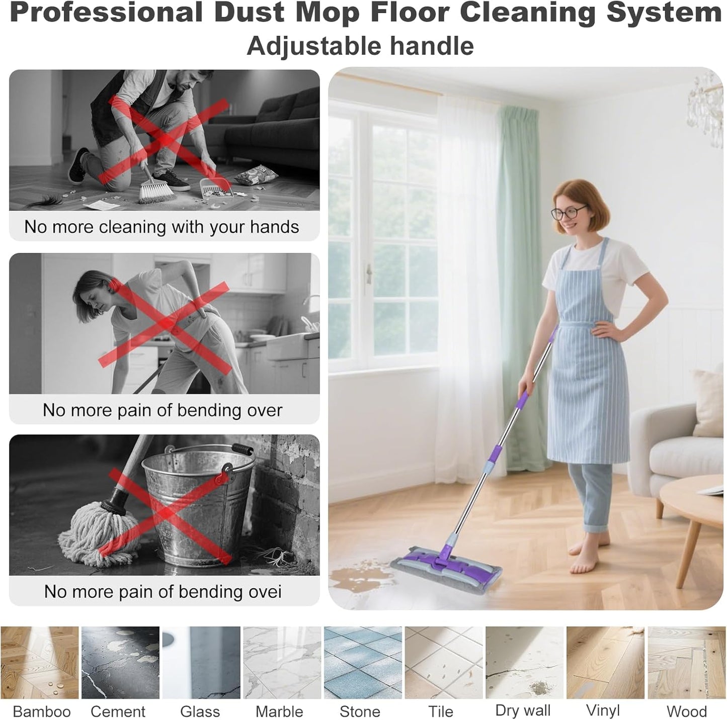 Microfiber Mops for Floor Cleaning ,Wet Dry Flat Mop with Stainless Steel Telescopic Handle,4 Reusable Mop Pads , Dust Mop for Hardwood Floors ,Home,Laminate,Tile,Hardwoods Cleaning (Purple)