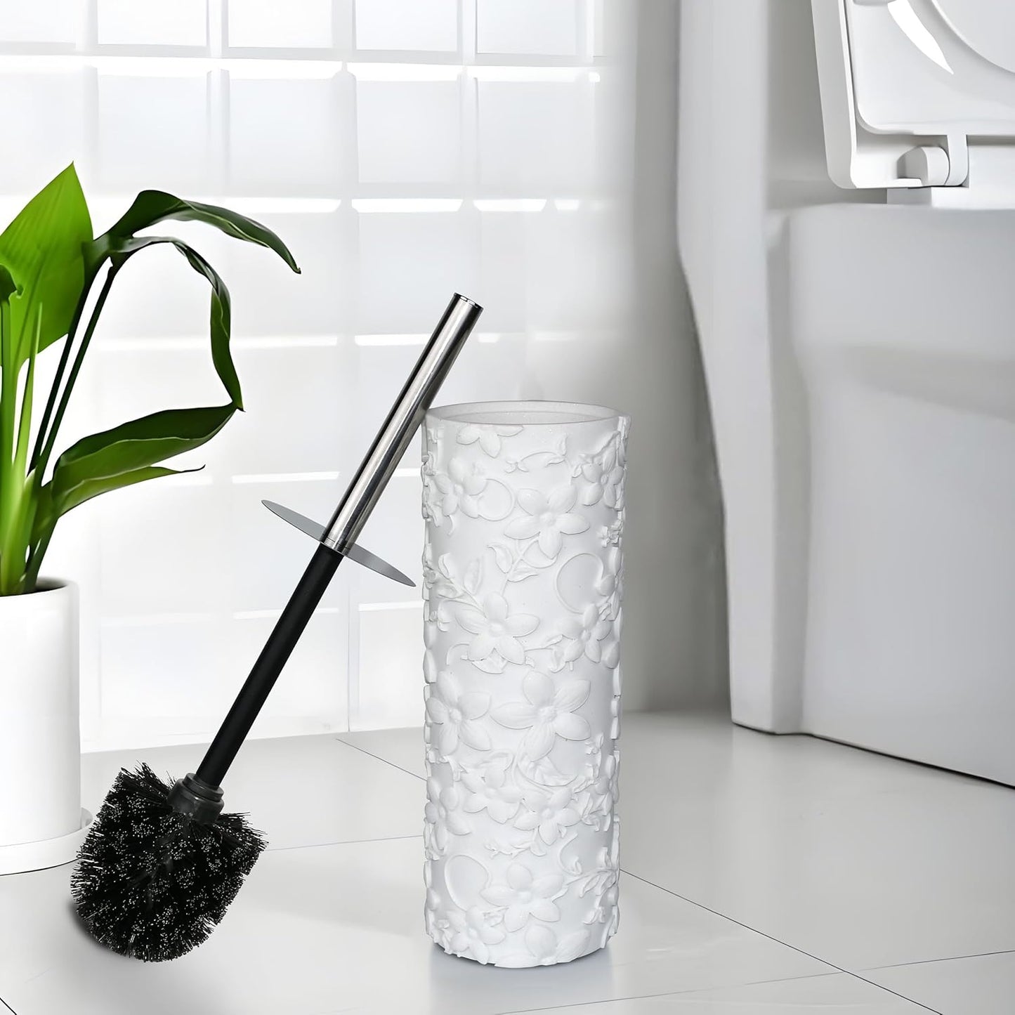 White Floral Branches Design Resin Toilet Bowl Brush and Holder Set, Elegant Bathroom Cleaning Tool with Durable Bristles, Compact and Functional