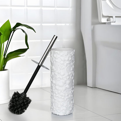 White Floral Branches Design Resin Toilet Bowl Brush and Holder Set, Elegant Bathroom Cleaning Tool with Durable Bristles, Compact and Functional