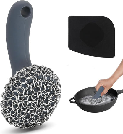 Cast Iron Scrubber with Long Handle | 316 Cast Iron Cleaner Chainmail Scrubber for Pan Skillet Cleaner - Dish Scouring Pad Dishwasher Safe Cleaning Kit (Blue, 1 Scrubber + 1 Scraper)