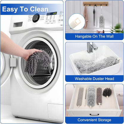 Microfiber Duster with Extension Pole(Stainless Steel) 30 to 100 Inches, Washable Dusters, Reusable Dusters, Bendable Duster for High Ceiling, Cleaning Ceiling Fan, Furniture, Blinds, Cars