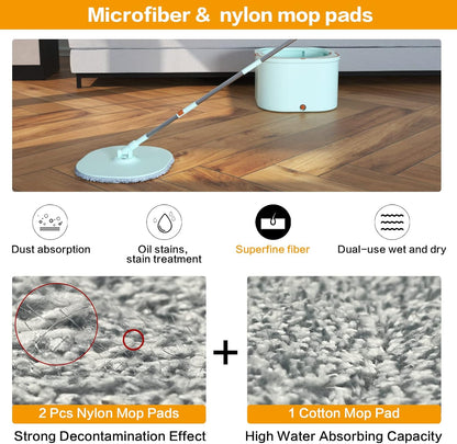 Flat Floor Mop and Bucket System Set with Wringer, Spin Mop and Bucket Separate Clean and Dirty Water with Self Separation for Hardwood, Laminate, Tile, Floor Cleaning, Wet and Dry Use, LightCyan