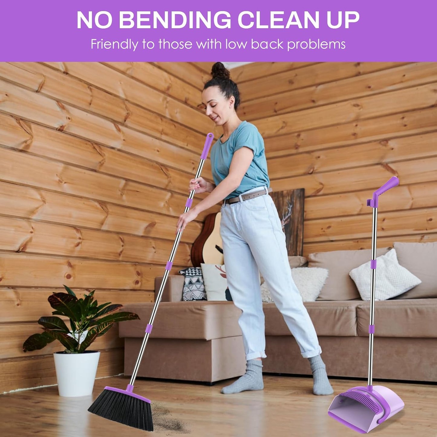 Broom and Dustpan Set for Home, 51-in Long Adjustable Handle Angle Broom and Dustpan Combo Set with Dust Pan Teeth to Clean Hair for Home Kitchen Office Lobby Floor Garden (Black&White)