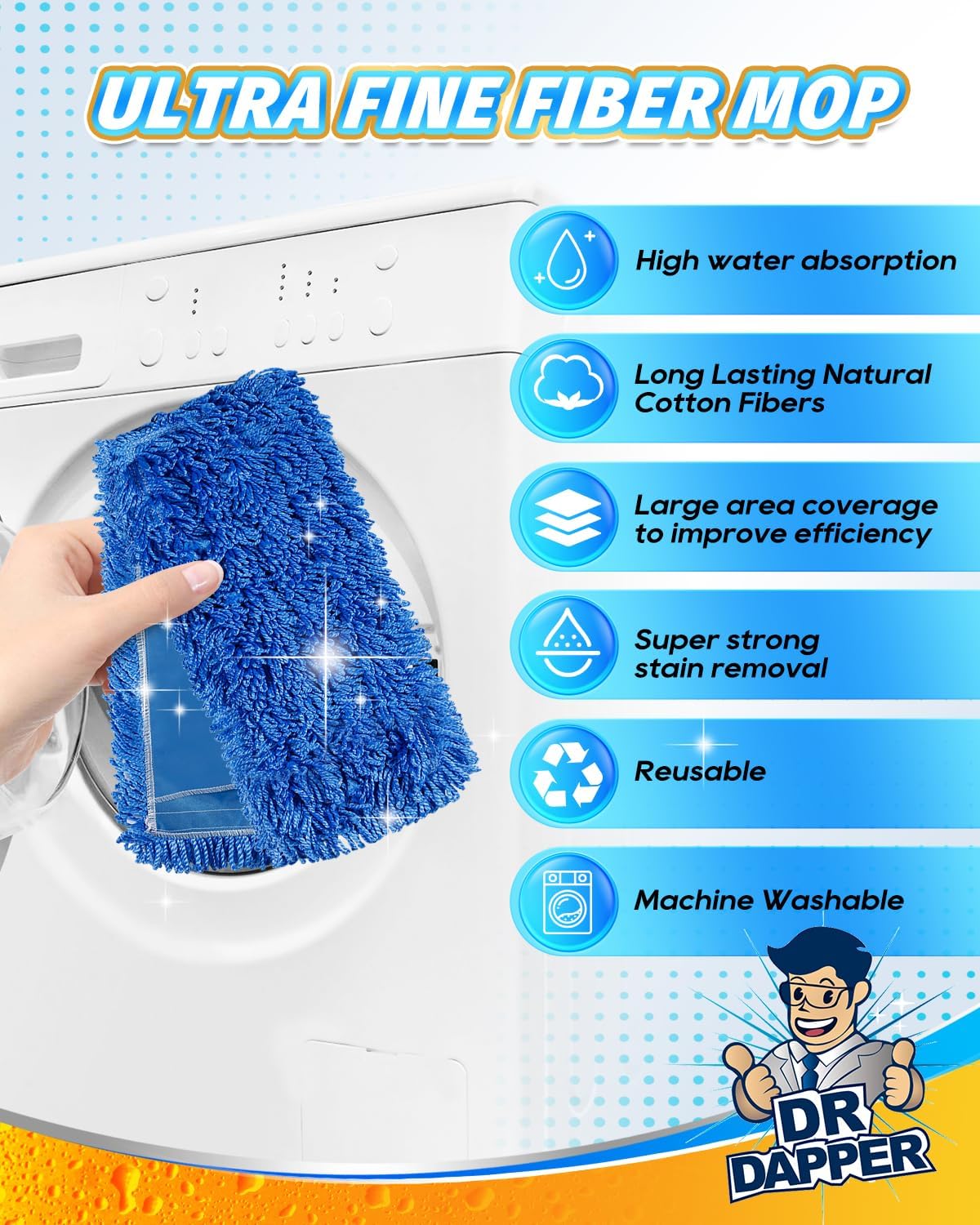 DR DAPPER 36-Inch Commercial Dust Mop Head, Large Washable Microfiber Dust Mop Replacement Head, Sweeper and Janitorial Supplies (Blue-2 Pack)