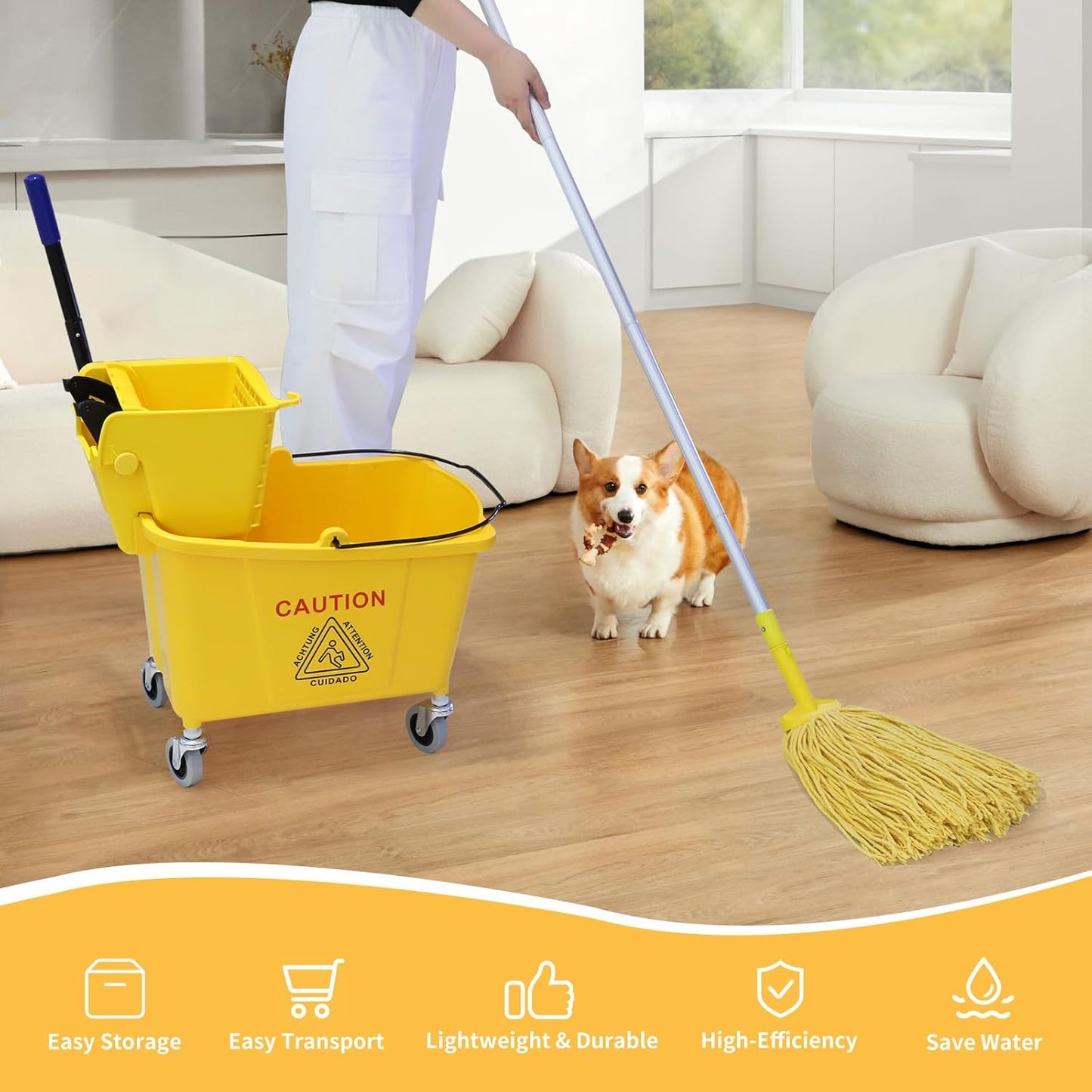Mop Bucket with Wringer, 22 Qt (5.5 Gallon), Floor Cleaning, Handle, Wheels, 16.5" L x 10.6" W x 26.4" H, Yellow,Plus One Cotton Mop
