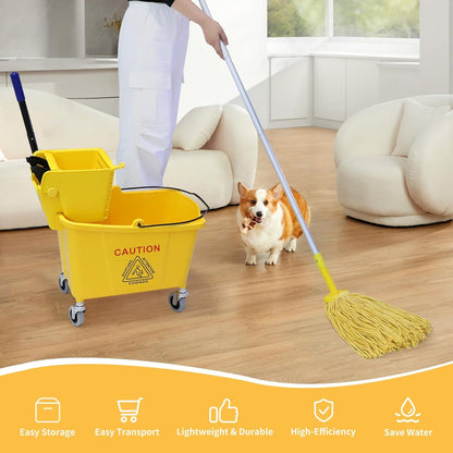 Mop Bucket with Wringer, 22 Qt (5.5 Gallon), Floor Cleaning, Handle, Wheels, 16.5" L x 10.6" W x 26.4" H, Yellow,Plus One Cotton Mop