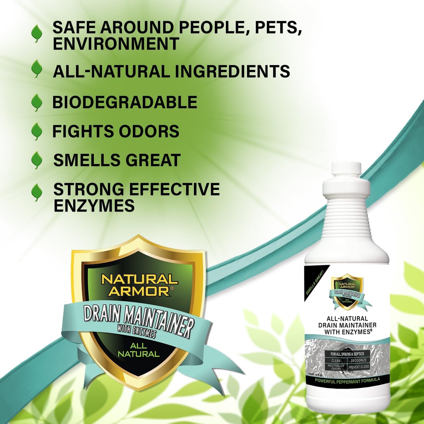 Natural Armor Enzyme Drain Maintainer - Gallon Drain Cleaner with Natural Enzyme Power to Prevent Buildup & Odors - Safe for Sinks, Showers, Grease Traps & Septic - Non-Toxic Formula, 128 fl oz