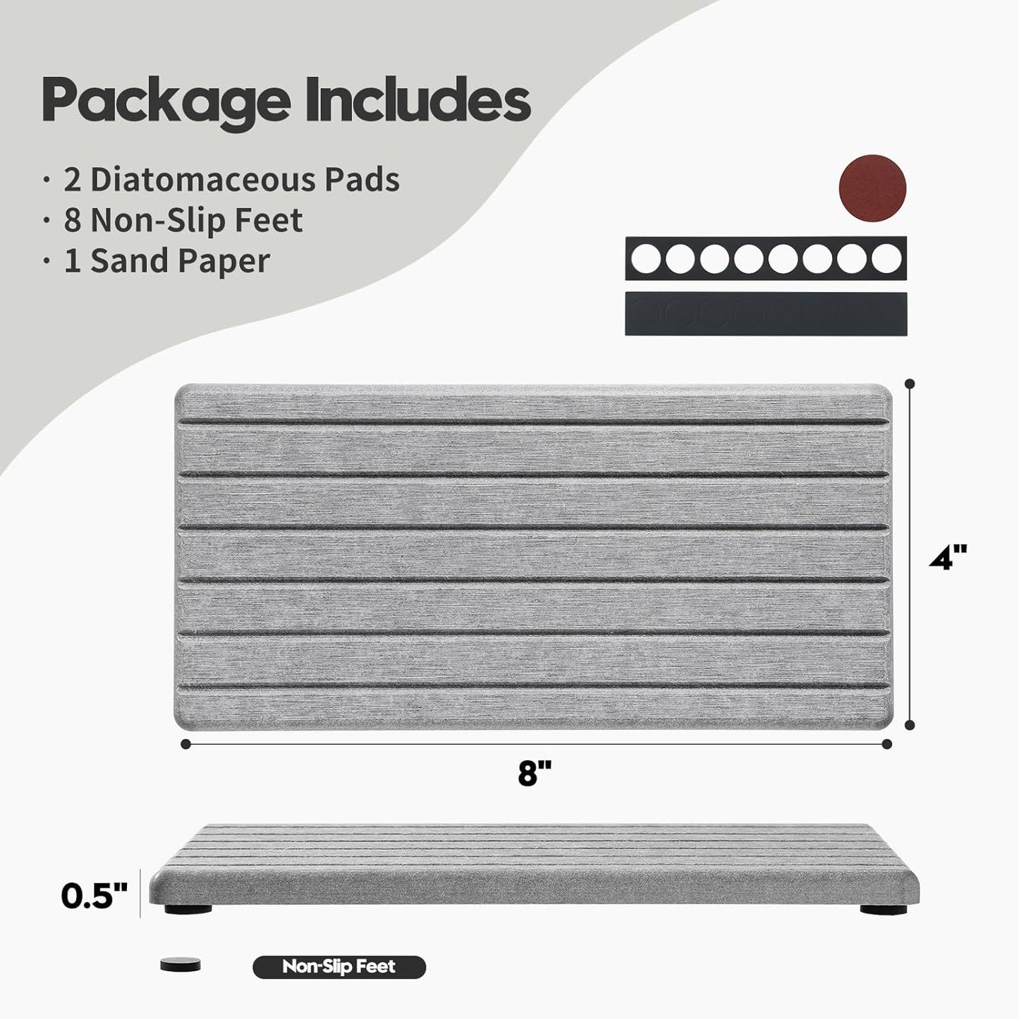 2PCS Water Absorbing Stone Drying Tray Mat for Bathroom Sink & Kitchen Counter Faucet Organizer, Quick Dry Dish Rack Soap Dispenser Sponge Holder, Vanity Sink Caddy Bar Coaster, Ivory White 8“x 4”