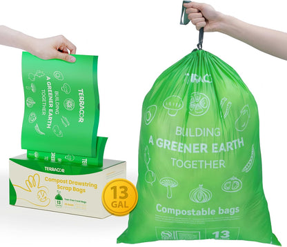 13 Gallon Compostable Trash Bags Drawstring, Heavy Duty Extra Thick 1 Mil, 35 Bags, Tall Kitchen Food Scrap Waste Bag, ASTM D6400