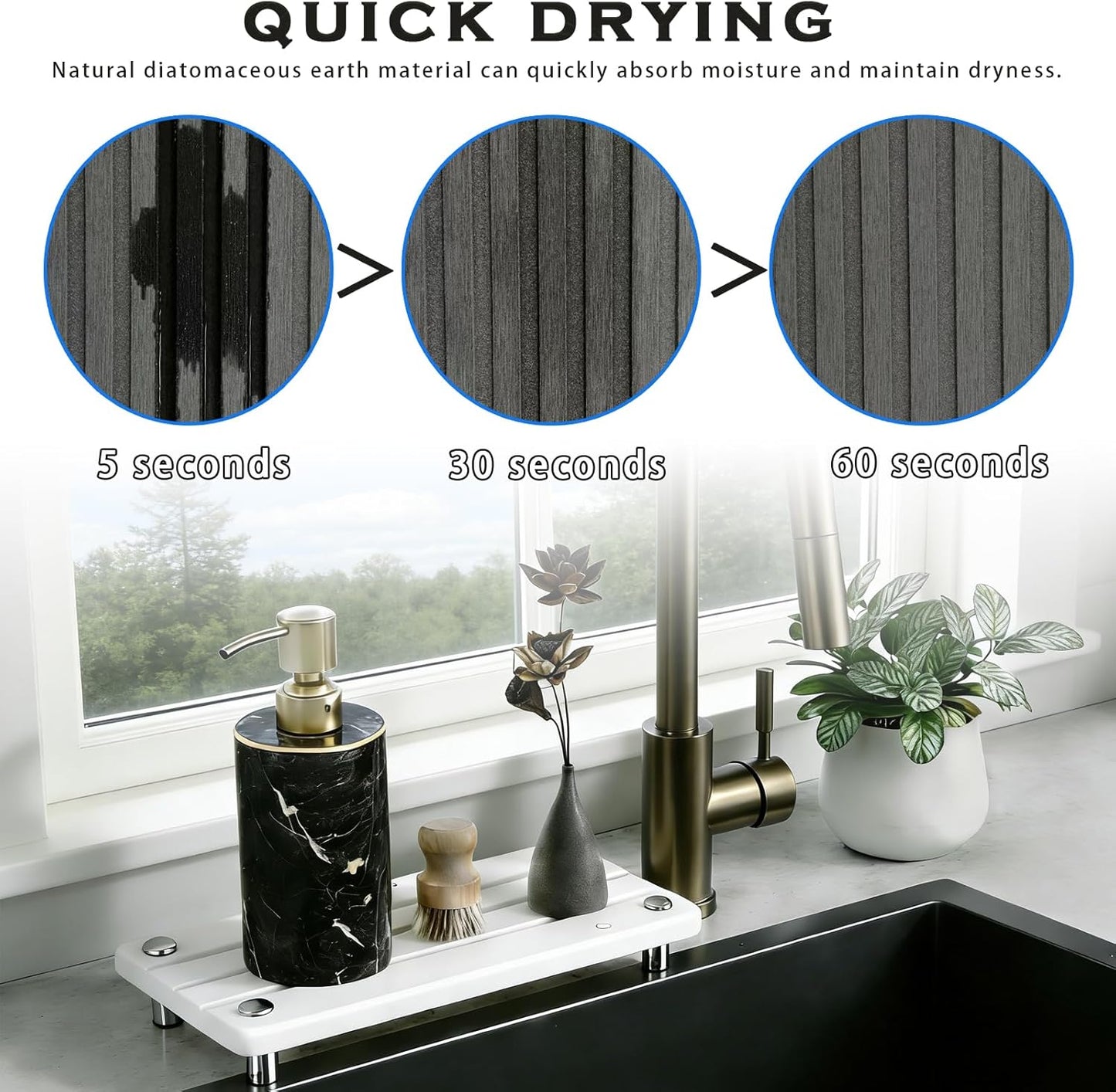 Instant Dry Sink Tray, Anti-Slip Stone Sink Caddy, Durable Kitchen Sink Organizer, Quick Dry Water Absorbing Stone Tray for Bathroom Counter, Stone Soap Tray -Dark Gray
