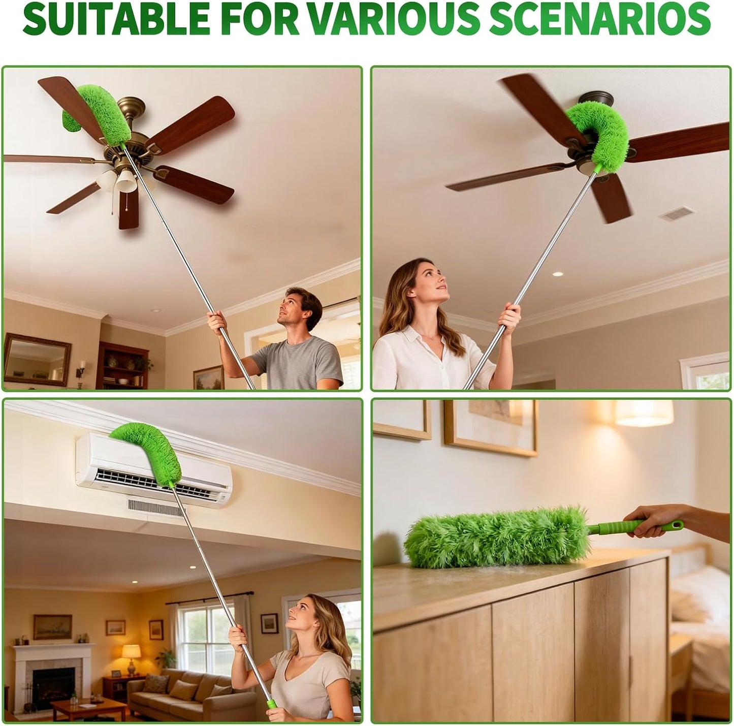 Cobweb Duster with Extension Pole, Washable Cleaning Duster Kit with 3 Duster Heads, Cobweb Duster, Corner Brush, Aluminum Telescoping Pole for high Ceiling Fan，Spider Web Brush with Extension Pole
