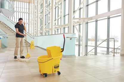 Rubbermaid Commercial Products WaveBrake 35 Qt. Side-Press Mop Bucket and Wringer Combo on Wheels Yellow for Professional/Industrial/Business Heavy-Duty Floor Cleaning/Mopping