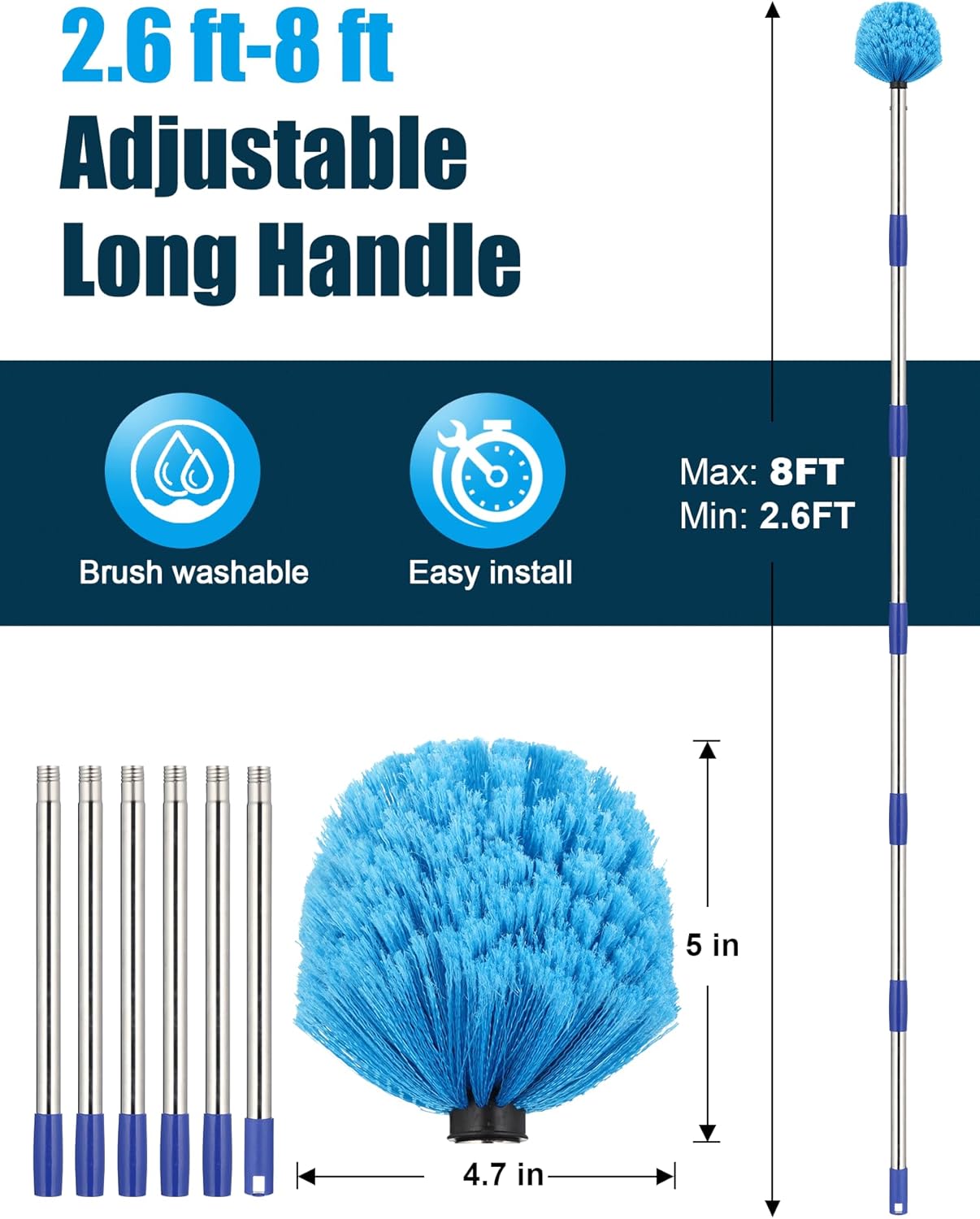 Cobweb Duster with Extension Pole, 8 ft Spider Web Brush for Outdoor House Cleaning, Cob Web Remover for High Ceilings Fans, Medium-Stiff Bristles Round Head, Steel Long Handle, Lightweight Cleaner