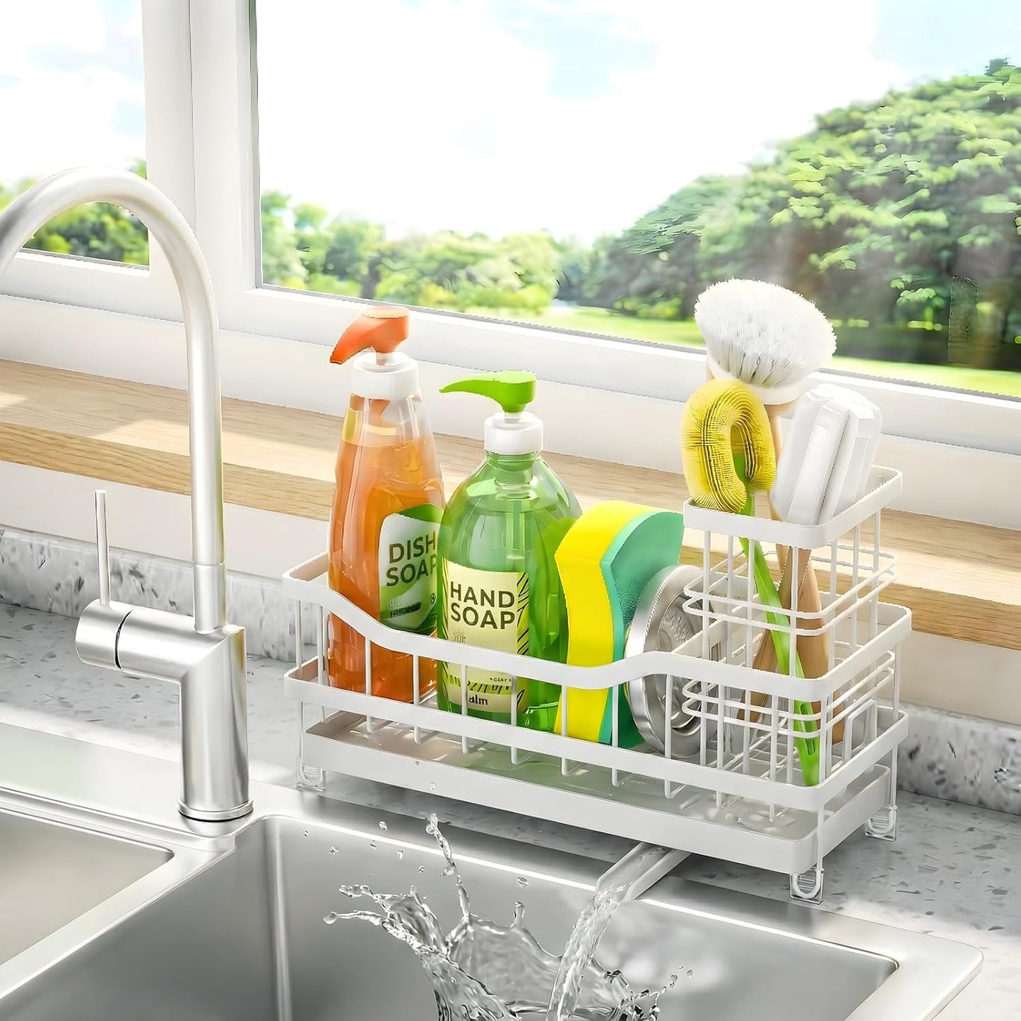 Sponge Holder for Kitchen Sink, Self-Draining Sink Caddy Organizer with Removable Brush Holder, Rustproof Metal Sponge Rack for Countertop, Fits Soap Dispenser & Scrubber, Black
