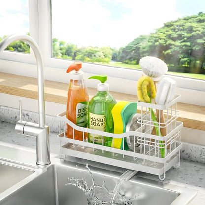 Sponge Holder for Kitchen Sink, Self-Draining Sink Caddy Organizer with Removable Brush Holder, Rustproof Metal Sponge Rack for Countertop, Fits Soap Dispenser & Scrubber, Black