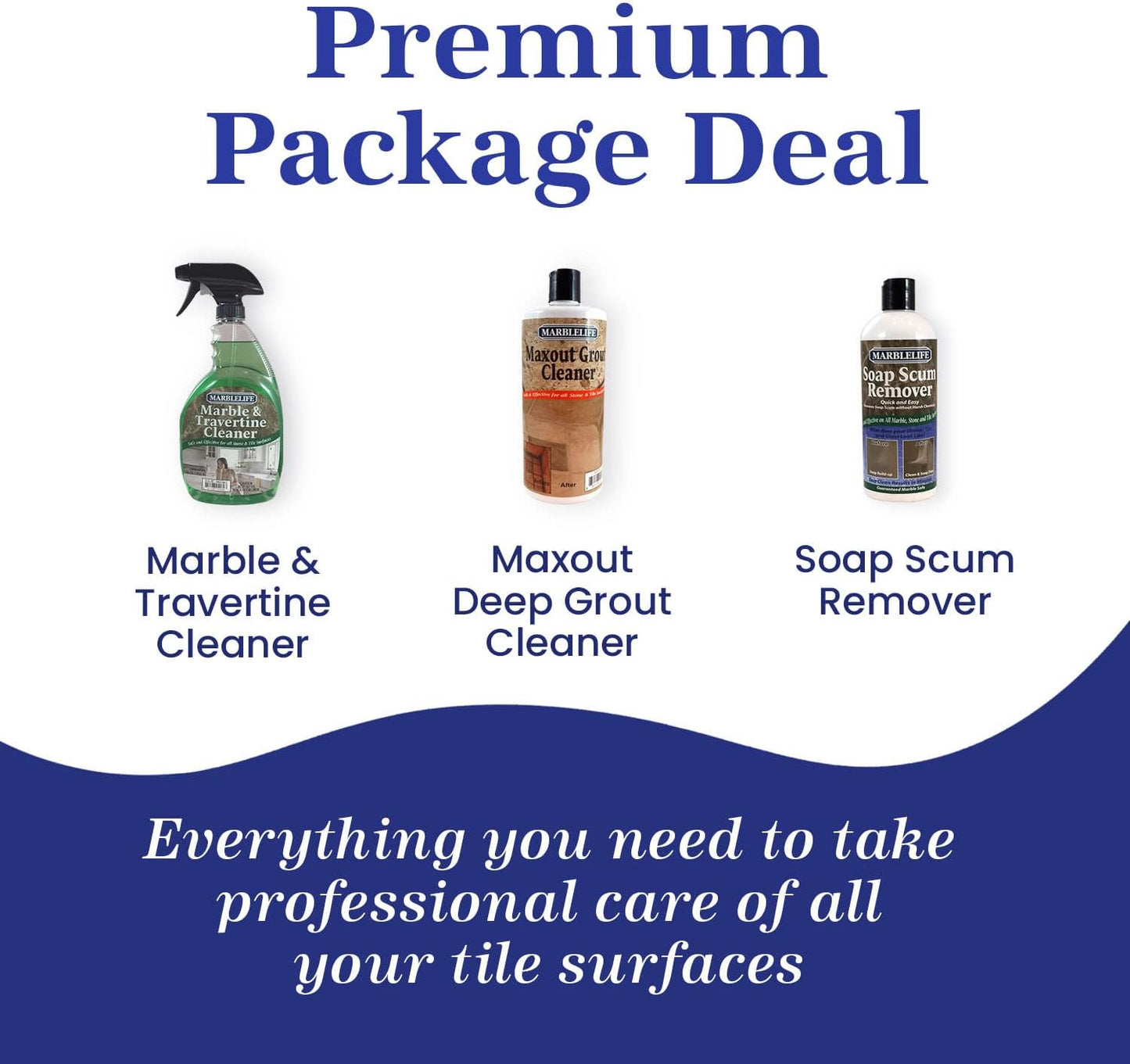 Marblelife Bathroom Combo Kit, With Marble & Travertine Cleaner, MaxOut Deep Grout Cleaner for Tile Floors, Soap Scum Remover For Shower & Other Surfaces, Includes A Cleaning Cloth