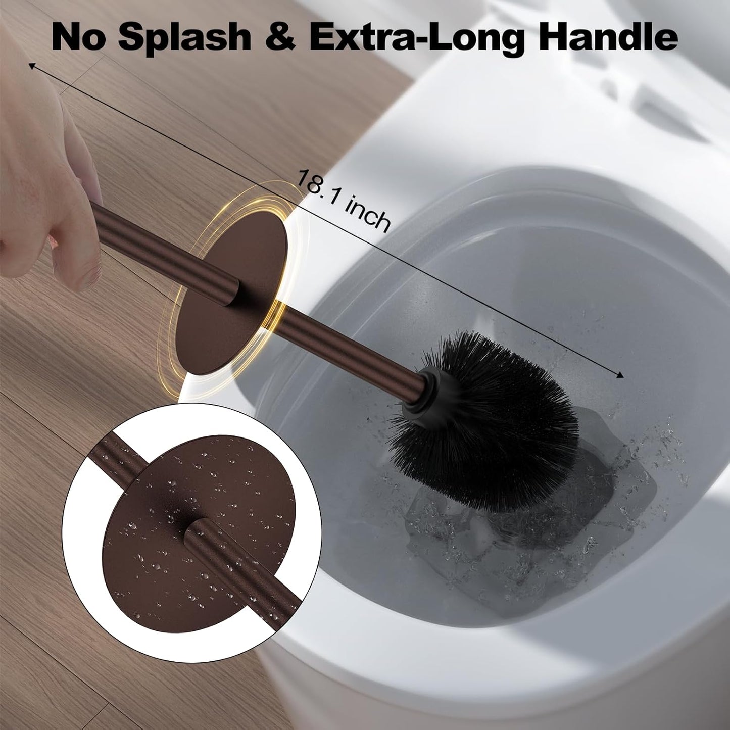 Bronze Toilet Brush and Holder Set，Stainless Steel Heavy Duty Toilet Bowl Brush，Extra Long Handled Modern Toilet Cleaner Brush, Removable Inner Bowl, and Splash Protection