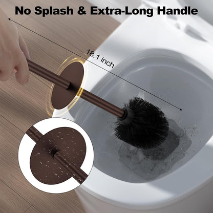 Bronze Toilet Brush and Holder Set，Stainless Steel Heavy Duty Toilet Bowl Brush，Extra Long Handled Modern Toilet Cleaner Brush, Removable Inner Bowl, and Splash Protection