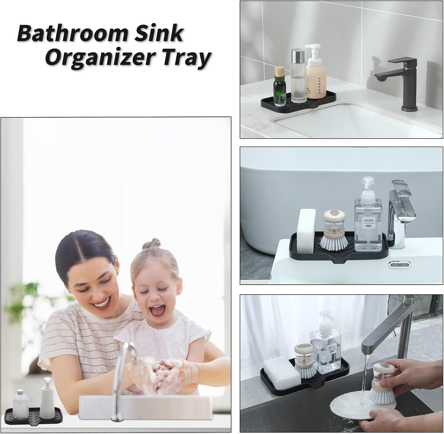 MicoYang Silicone Bathroom Soap Dishes with Drain Spout-Bathroom and Kitchen Sink Organizer,Sponge Holder,Dish Soap Tray,Perfect for Dispenser,Scrubber,Bottle,Cup on Sink or Counter-Black 4.9"×3.2"