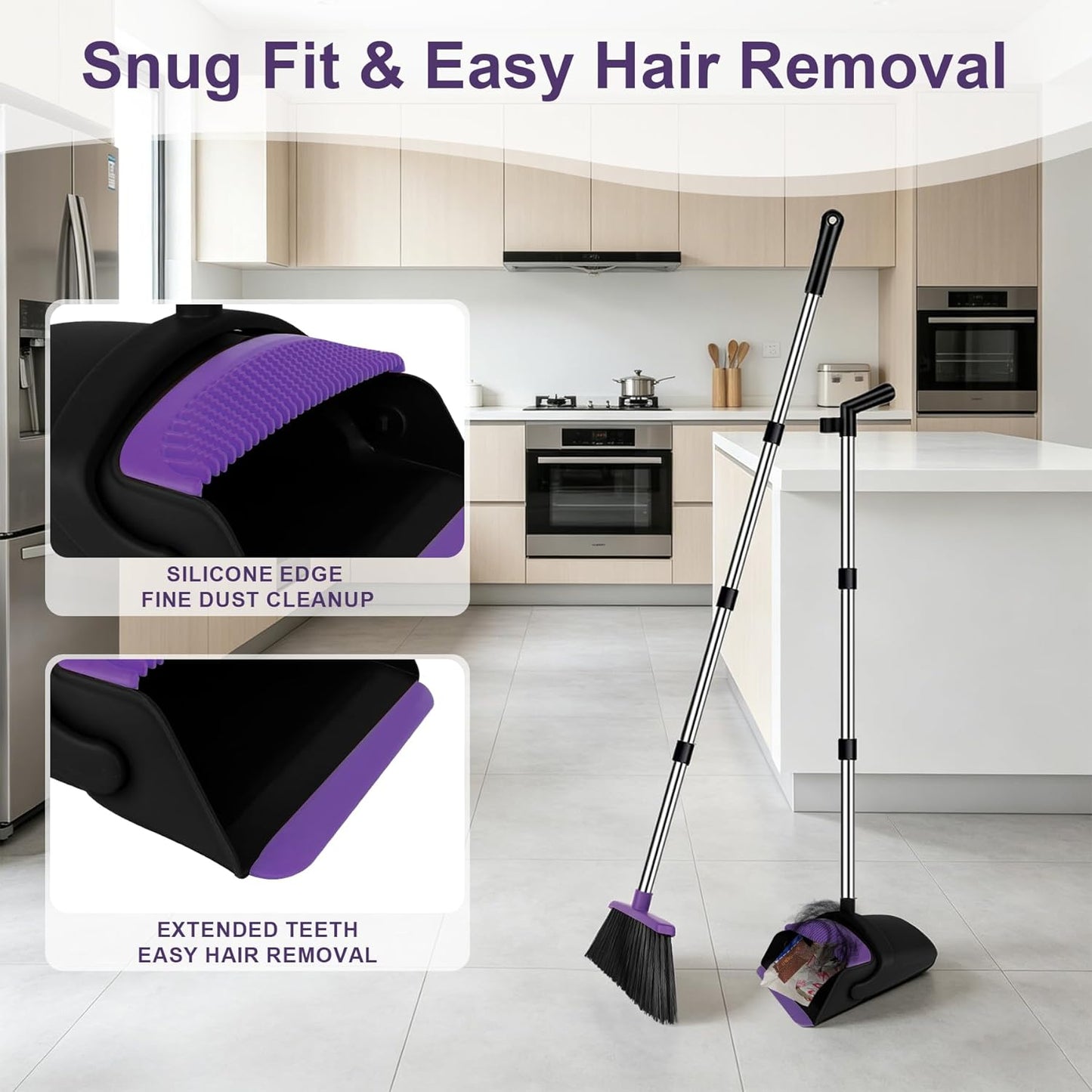 Broom and Dustpan Set, Upright Purple Broom with Dustpan Combo Set 51" Long Handle, Self Cleaning Dust Pan for Home, Kitchen and Office