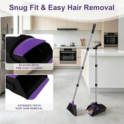 Broom and Dustpan Set, Upright Purple Broom with Dustpan Combo Set 51" Long Handle, Self Cleaning Dust Pan for Home, Kitchen and Office