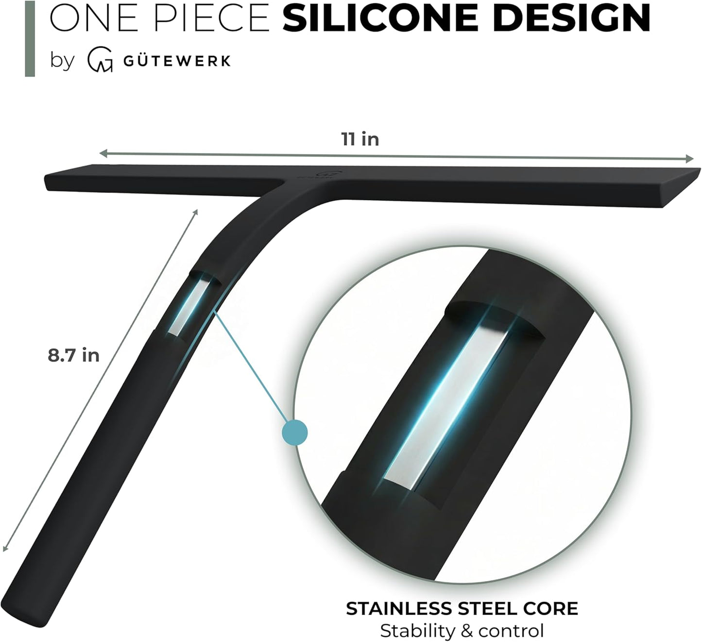 GÜTEWERK Silicone Shower Squeegee for Glass Doors & Mirrors with Stainless Steel Core, Streak-Free & No-Squeak Window Cleaning, 3-in-1 No-Drill Mount (Hook/Suction/Adhesive), Black, 9''
