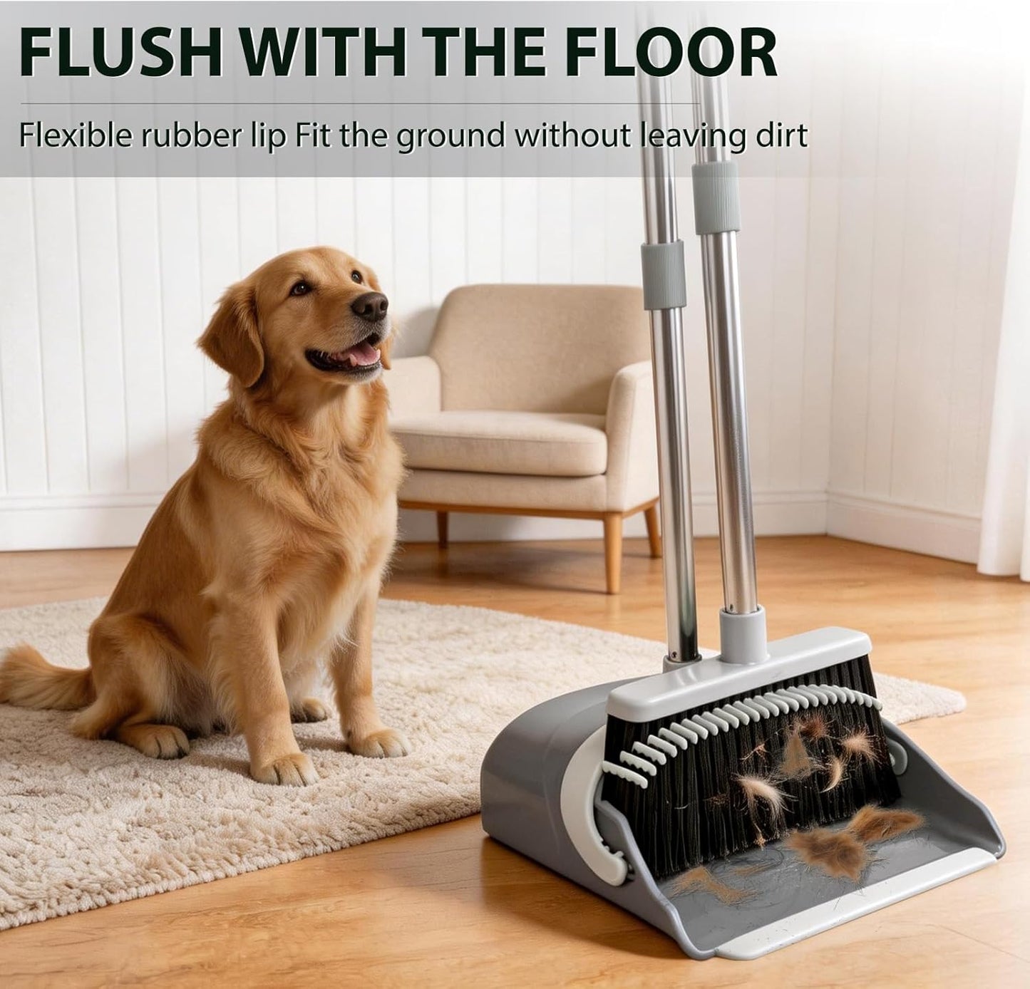 YZO Broom and Dustpan Set, 54.33 Inch Long Handle Standing Design, Dustpan Front Rubber Tight Seal, Broom with 5 Layer Bristles, Suitable for Living Room, Bedroom, Yard, Office and Apartment(Green)