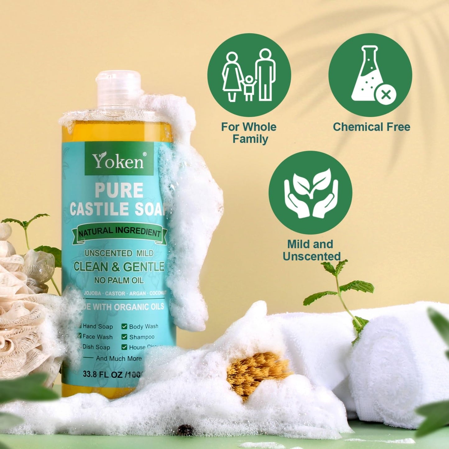 Yoken Castile Soap Liquid EWG Verified(1 Gallon, Unscented) Pure-Castile Liquid Soap for Body, Face, Hand, Pets, Laundry, Dish Soap and More - Made With Organic Oil, Vegan, Clean & Gentle, Versatile