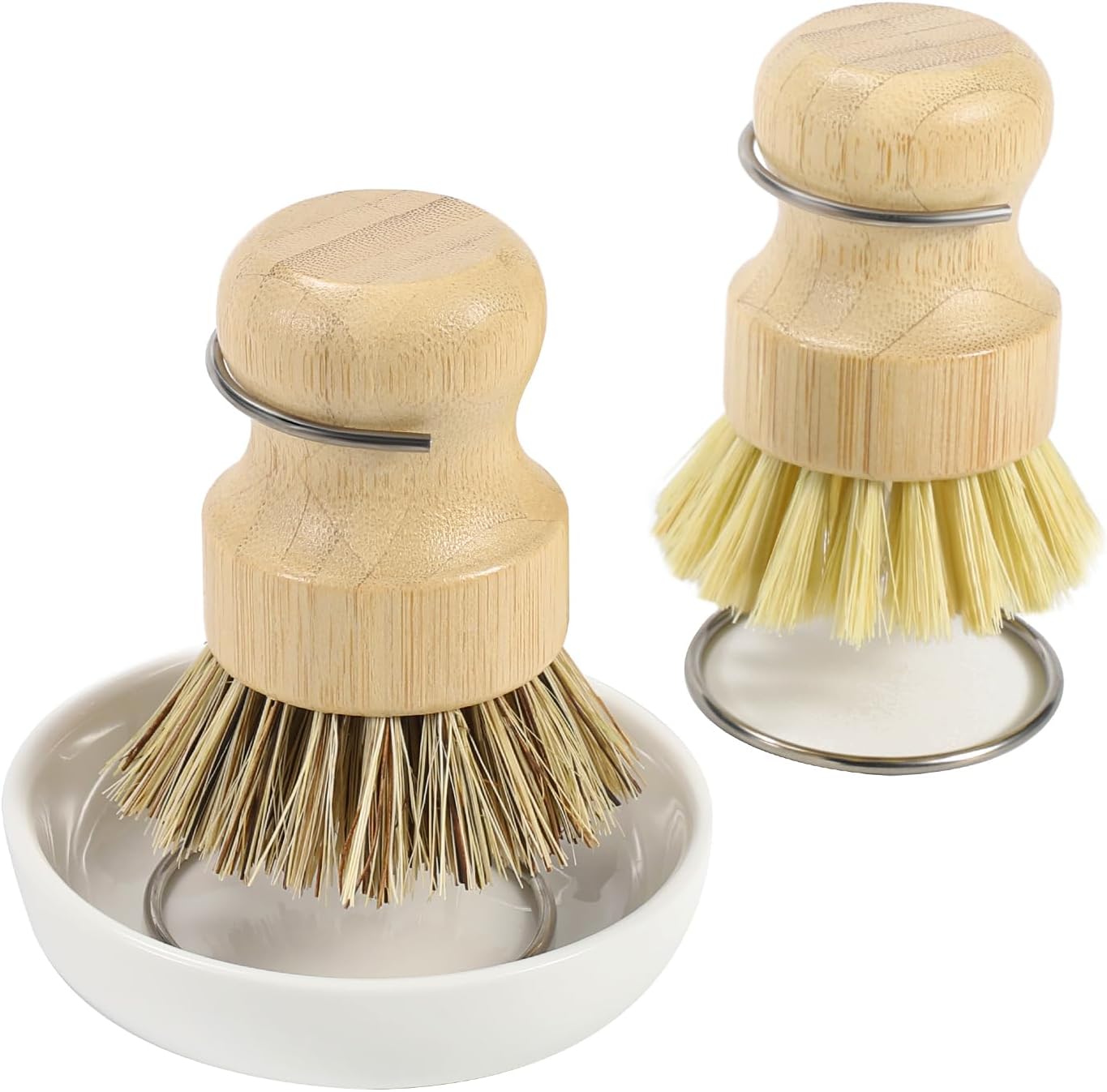 DEBETOOL Bamboo Dish Brush Set with Holder - Natural Dish Scrub Brush for Cleaning Dishes, Fast Dry Design Kitchen Dish Brush for Sinks & Pots
