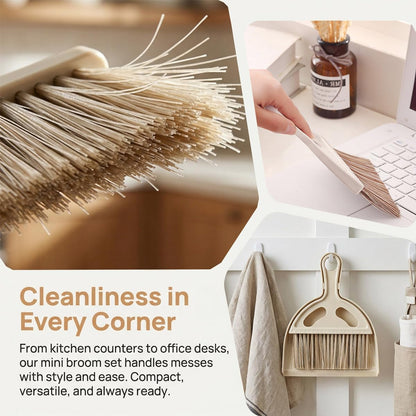 Mini Broom and Dustpan Set - Compact Small Hand Broom with Soft Bristles, Portable Desktop Cleaning Tool for Kitchen Counter, Desk, Drawer, Pet Litter & Car Interior (Off-White)