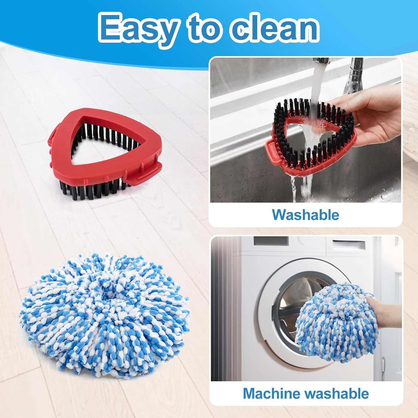 Spin Mop Handle, Mop Replacement Head,Brush,Base Compatible with OCedar EasyWring 1 Tank,2 Microfiber Mop Refills,1 Mop Base,1 Brush and 30-58" Mop Handle Combo Set for OCeda,Use for Floor Cleaning