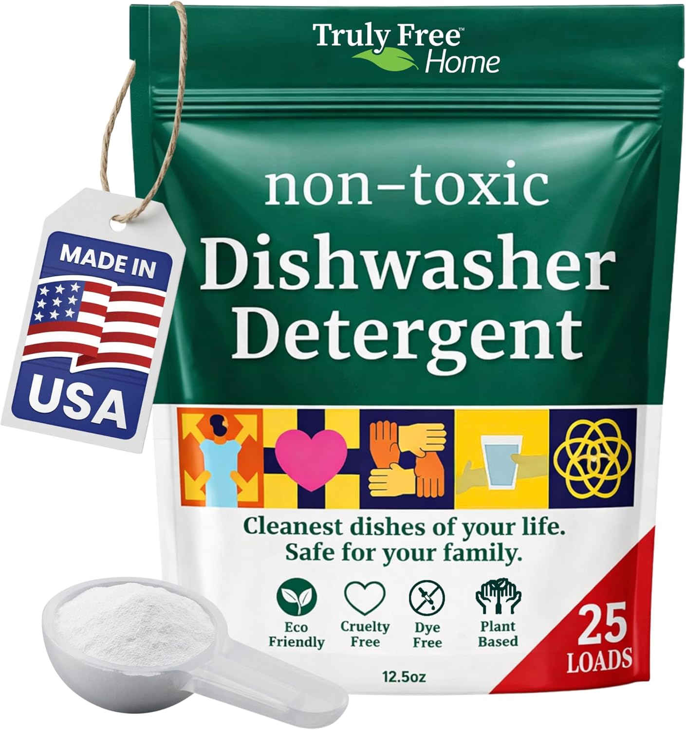 Truly Free Dishwasher Detergent Powder | Natural Dish Detergent, Dishwasher Soap | Plastic Free, Plant-Based, Clean, Heavy Duty Hard Water Stain & Grease Remover | Fragrance Free | 12.5 oz (Pack of 1)