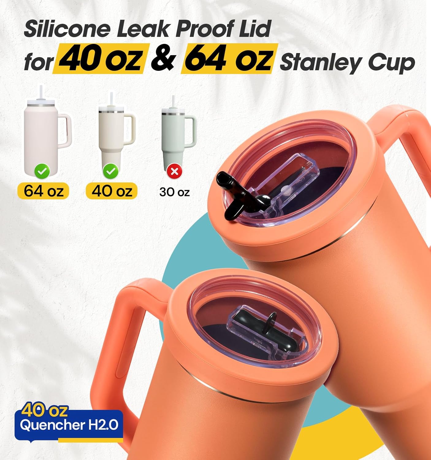 40 Oz Tumbler Flip Straw Lid Compatible with Stanley Quencher Cup, Anti Spill Replacement Cup Covers, Durable Silicone Leak Proof Lids with Cleaning Brush Set for Travel Storage
