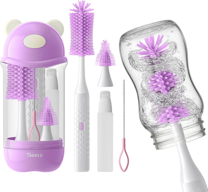 Electric Bottle Brush Cleaner Set, Bear-Shaped Travel Baby Bottle Cleaner Kit with Silicone Nipple & Straw Brush, Soap Dispenser, Drainage Rack, Storage Box(Purple)