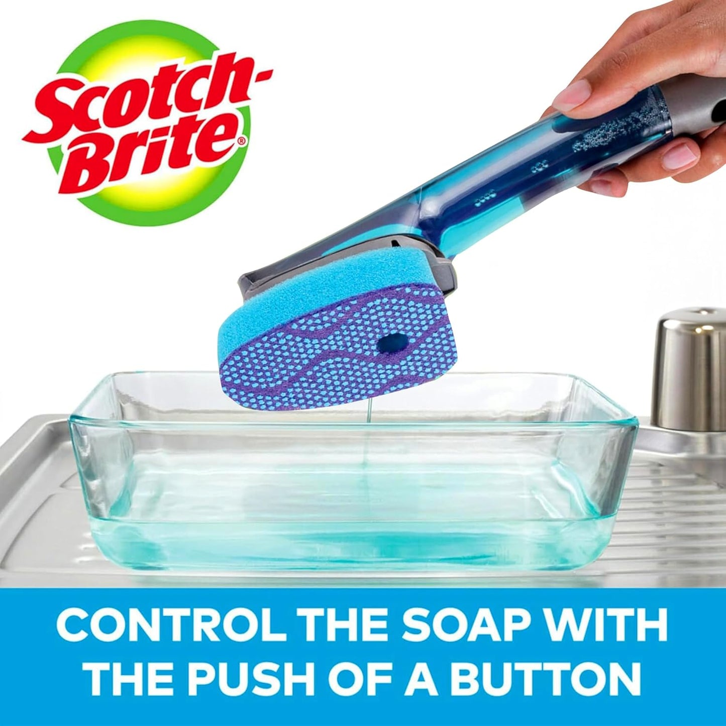 Scotch-Brite Scrub Dots Non-Scratch Soap-Dispensing Dishwand, 1 Count, Keeps Hands Out of The Mess, Fits All Scotch-Brite Refills, Assorted Colors