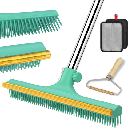 3 in 1 Carpet Rake for Pet Hair Removal, Reusable Pet Hair Remover Broom, 60'' Adjustable Long Handle Dog and Cat Hair Remover Tool Set of 3, Lint Remover Scraper for Carpets, Rugs, Mats, Couch, Car