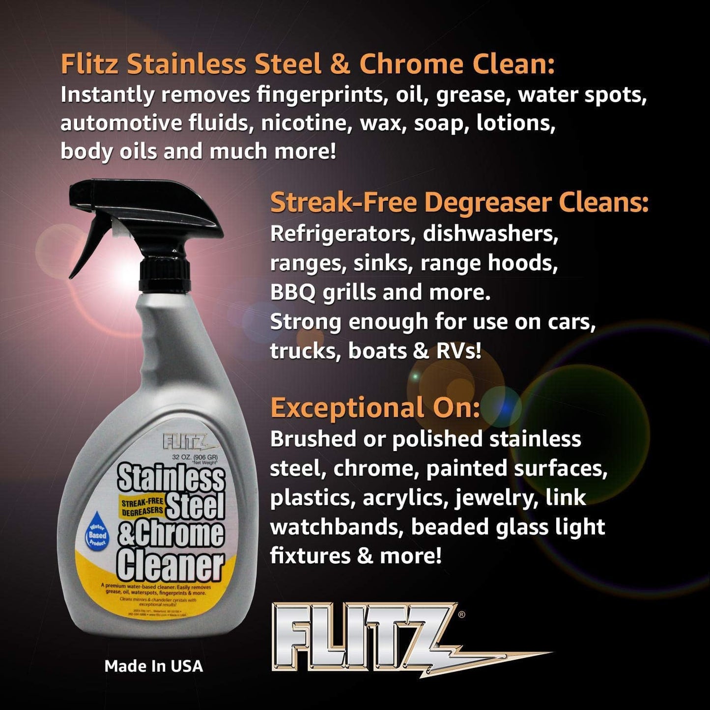 Flitz Stainless Steel & Chrome Clean - 16oz Bottle, USA-Made Stainless Steel Cleaner Spray for Appliances - Grill, Fridge, Sink Stain Remover - Also Works on Aluminum Surfaces (1 Pack)