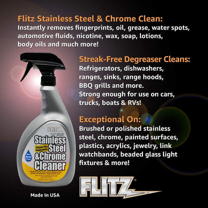 Flitz Stainless Steel & Chrome Clean - 16oz Bottle, USA-Made Stainless Steel Cleaner Spray for Appliances - Grill, Fridge, Sink Stain Remover - Also Works on Aluminum Surfaces (1 Pack)