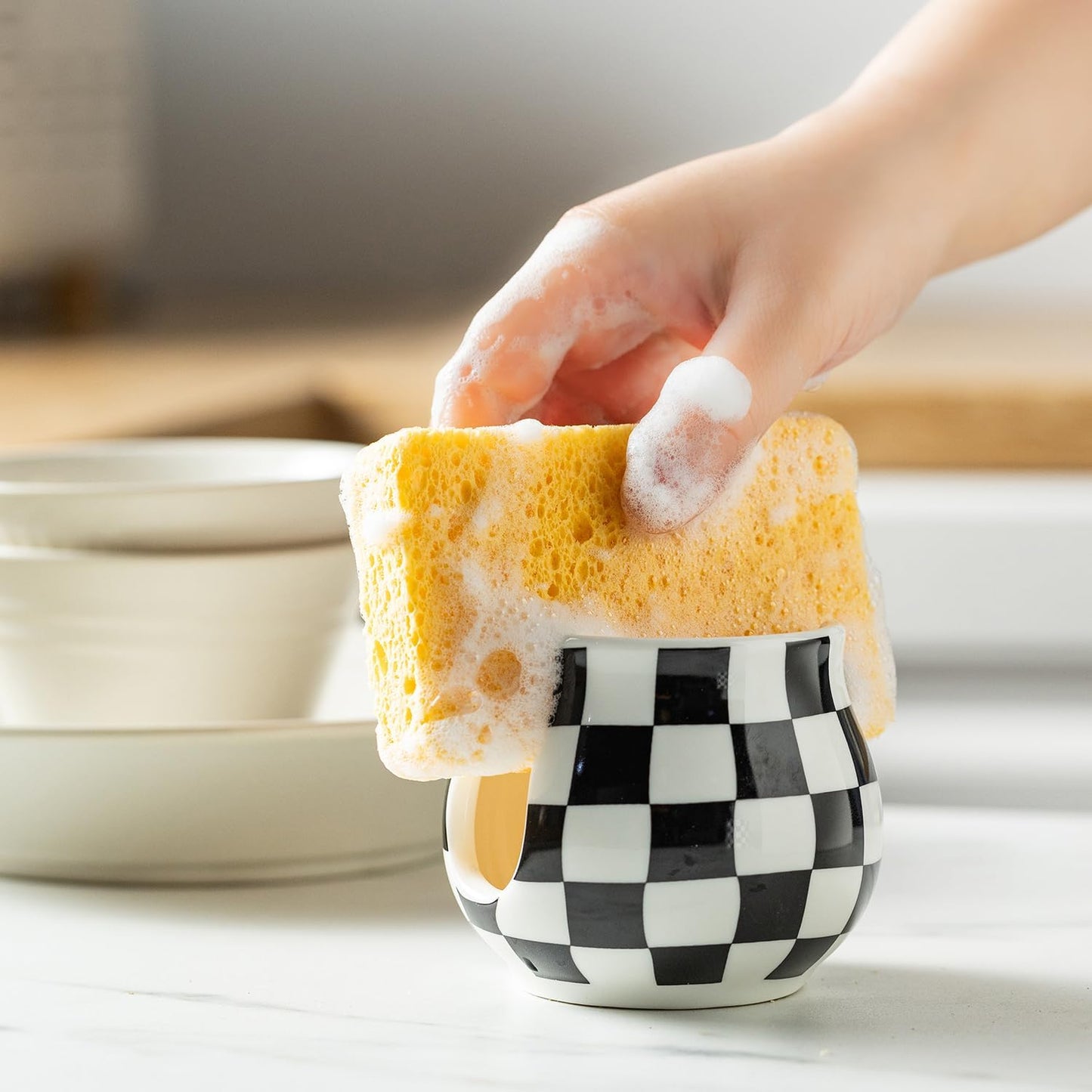 Zoeeker Sponge Holder for Kitchen Sink, Ceramic Dish Sponge Dish Rack Scrubby Caddy Kitchen Organizer Cute Sink Caddy Organizer, Farmhouse Decor, Speckled Glaze