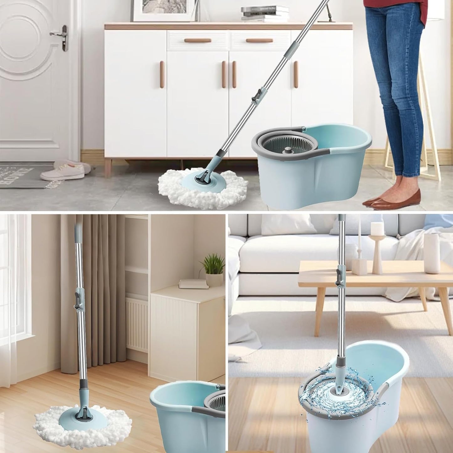 Spin Mop and Bucket with Wringer Set,for Floor Cleaning,with Floor Scrub Brush,61" Adjustable Handle and 6 Microfiber Mop Head(White)